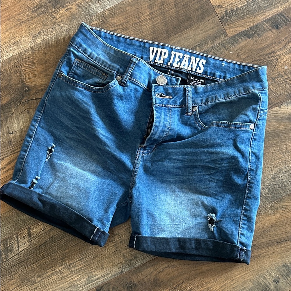 VIP Jeans Cuffed Distressed Blue Jean Shorts